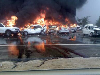 Eight people have been killed and 141 injured after a devastating 200-car pile up on the Abu Dhabi-Dubai highway 